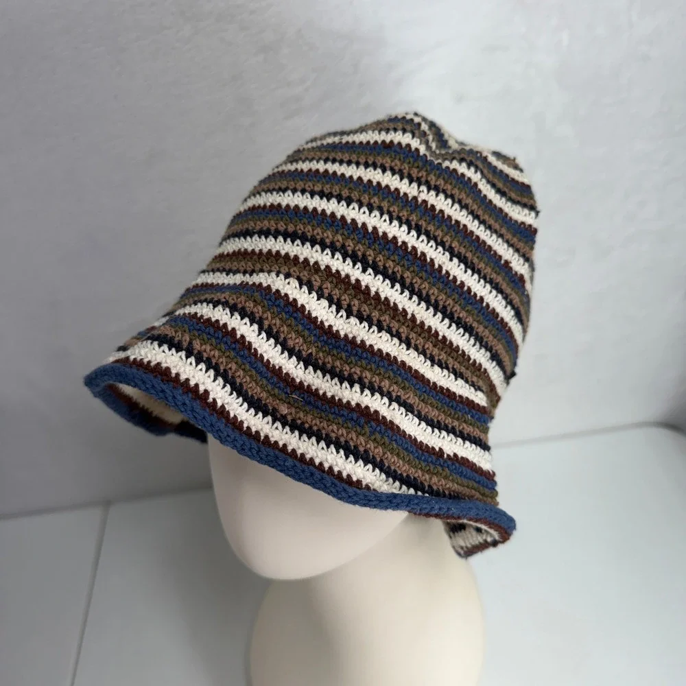 Vintage 90s Bucket Hat Crochet Knit Striped Boho Festival Knit Multicolor Retro